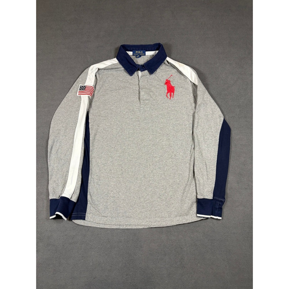 Polo Ralph Lauren Rugby Shirt Boys Size L 14-16 Gray Big Pony Long Sleeve USA